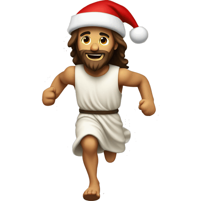 Jesus running, with a large stride and arms outstretched, santa hat emoji