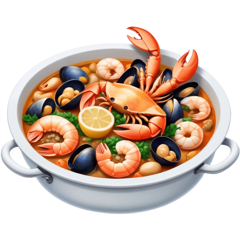 Cinematic Realistic Buzara Seafood Dish Emoji, depicted as a rustic, flavorful seafood stew with shellfish rendered with rich textures and dynamic, maritime lighting. emoji