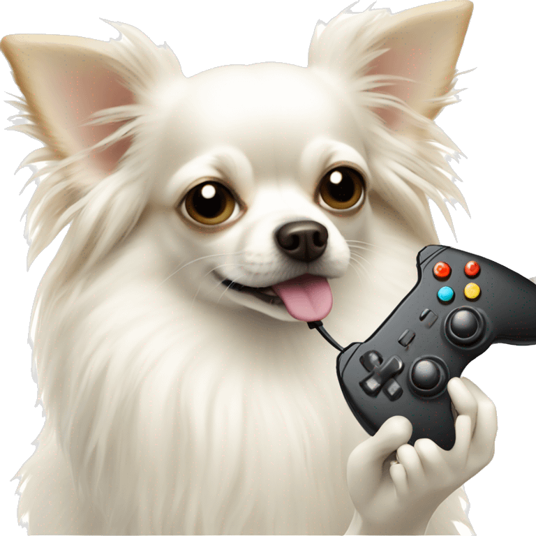 White long hair Chihuahua holding controller emoji