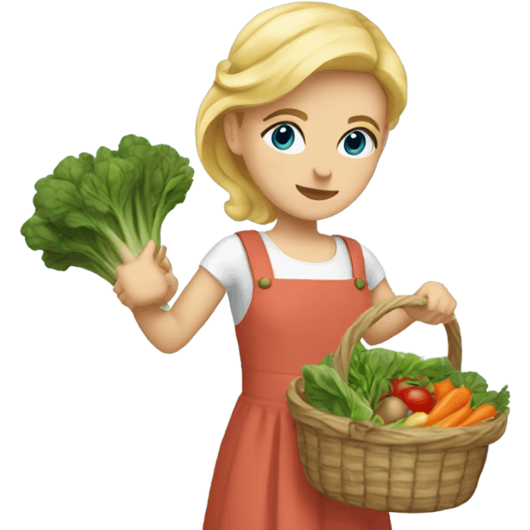 Girl with blonde hair and blue eyes a sleeveless dress carrying two baskets of vegetables and greens emoji