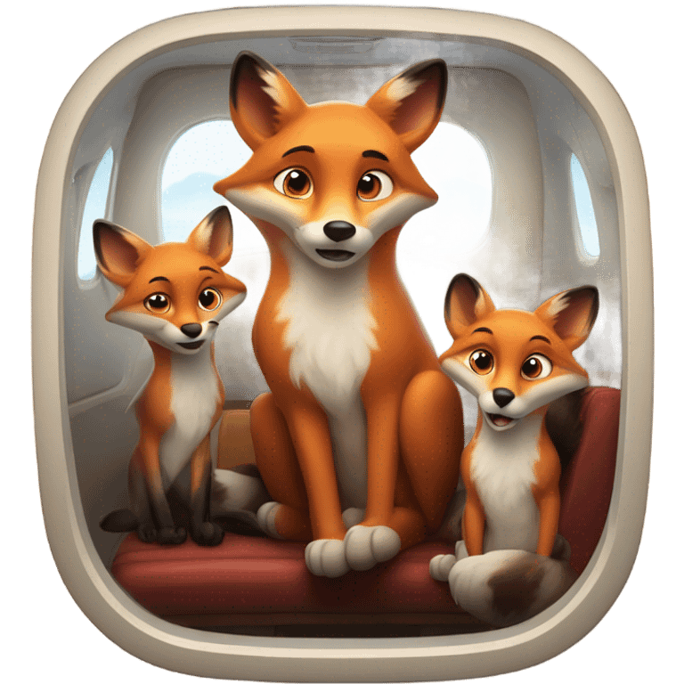 Family of foxes in an airplane flying emoji