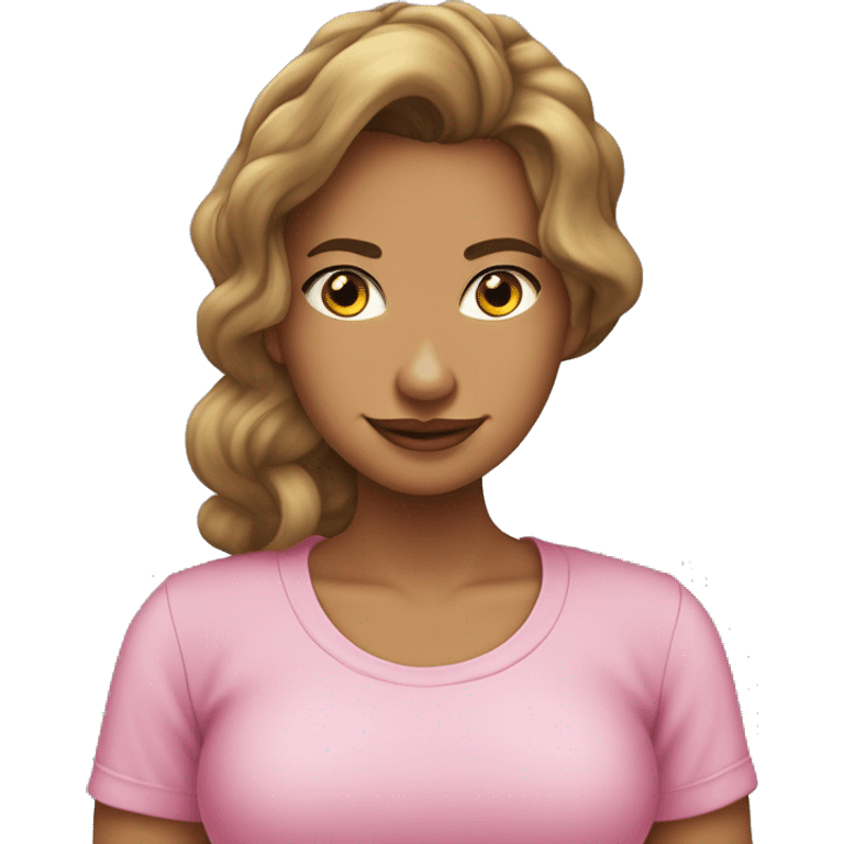 mujer delgada, pelo castaño claro hasta los hombros, pelo liso, cara alargada, piel trigueña. Camiseta rosa clara de cuello redondo emoji