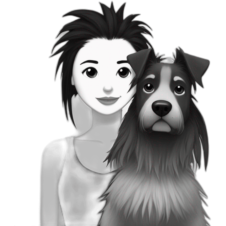 a dog and a girl with black spiky hair looking at each other in style of ((sarah andersen)), black and white emoji