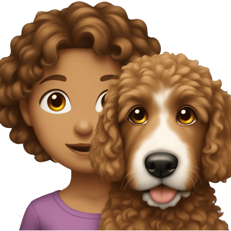 Girl with brown curly hair with a golden doodle dog emoji