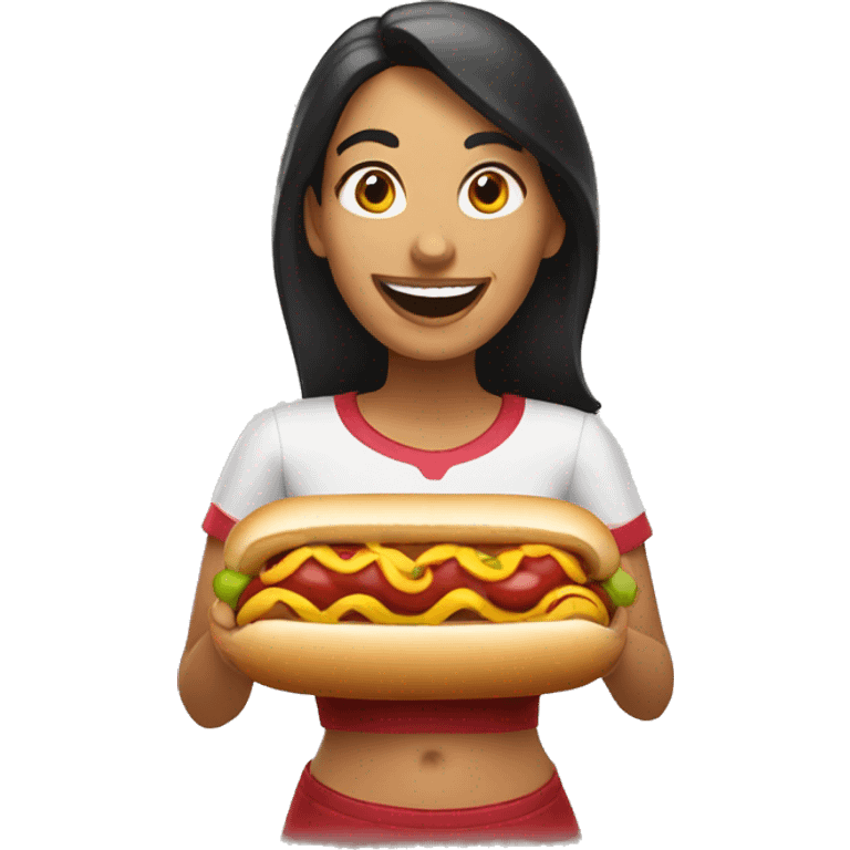 Happy mexican woman holding a hotdog emoji