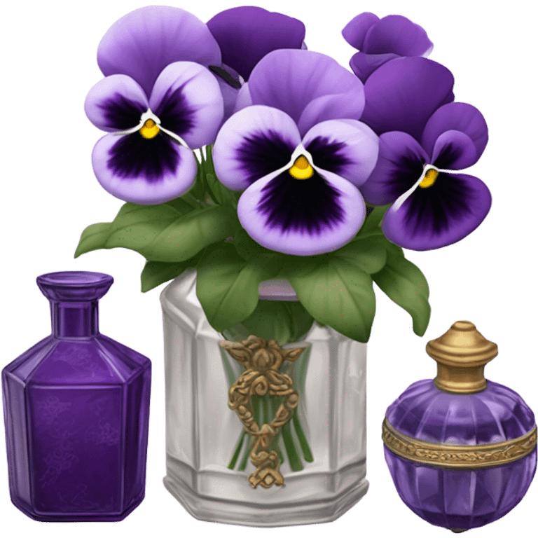 A pink aesthetic still-life: a decorative candle in a glass jar, violet pansies in a crystal vase, and an ornate purple perfume bottle emoji