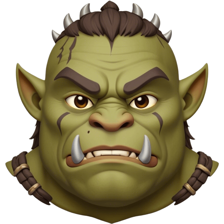 Cinematic Noble Ogre Portrait Emoji, Majestic and imposing, with a rugged, muscular form in deep earthy greens and browns, adorned with battle scars and subtle tribal markings, exuding calm, noble strength and unexpected wisdom, simplified yet strikingly detailed, glowing with a shadowy outline that captures the essence of a gentle giant with fierce heart! emoji