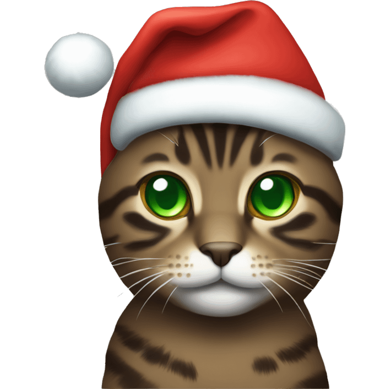 Dark brown tabby cat with green eyes wearing Christmas hat emoji