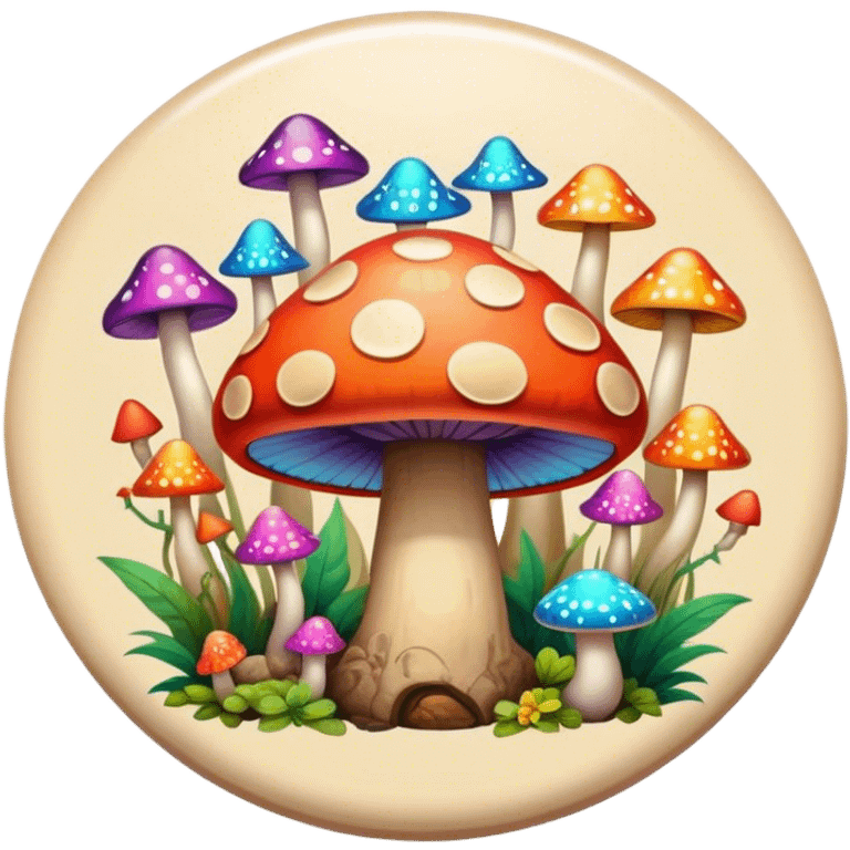 A round psychedelic colored button with bezeled edges and colorful hippie style mushrooms emoji