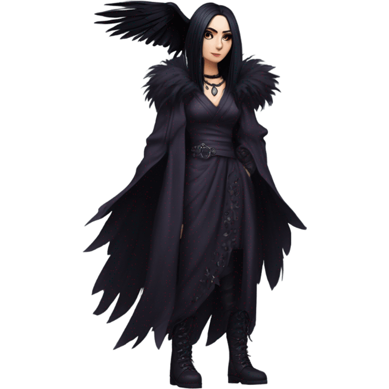 the morrigan goth woman version vines style furr robe stylish boots, perfect eyes, raven on hand emoji