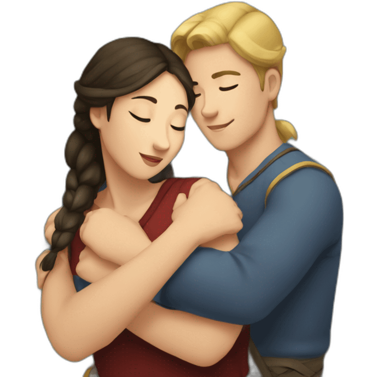 young metis Man and young white woman hug love wit emoji