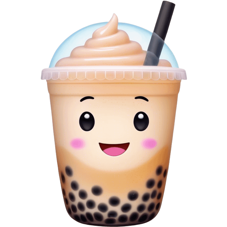 Cinematic pastel-colored bubble tea, chubby cup with a smiling face, tiny black tapioca pearls peeking out, soft glowing background, playful and adorable. emoji