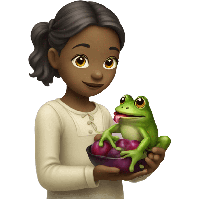 A little girl and a frog mixed together eating a plum emoji