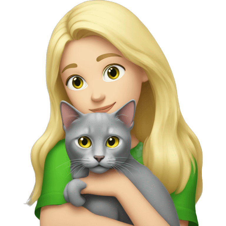 blonde girl hugs a gray cat with green-yellow eyes blonde girl hugs a gray cat with green-yellow eyes emoji