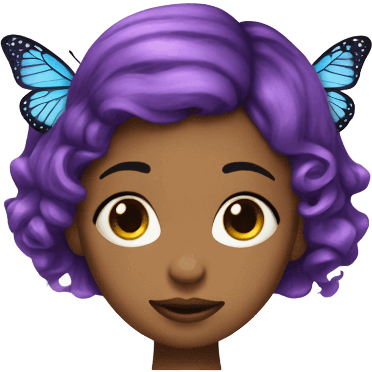 Girl with purple butterfly hair cut. Has septum piercing. Making 😚 face. emoji