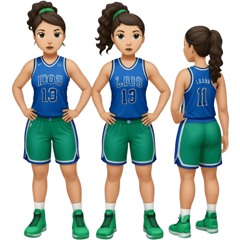 full body plus size light skin latino women basketball player with wavy dark hair in pony tail wide nose wearing blue green  uniform emoji