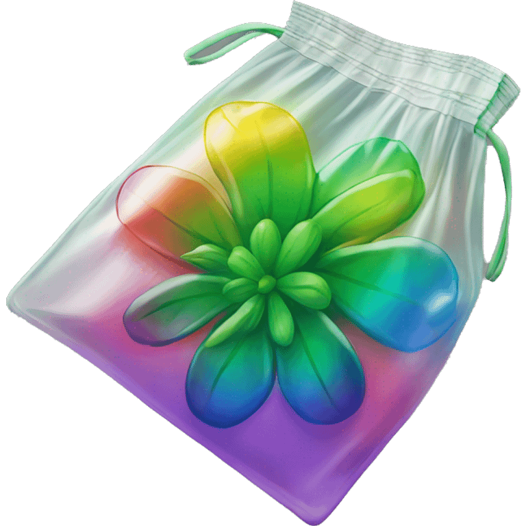 Green flower buds in a ziplock bag that’s reflecting rainbow colors  emoji