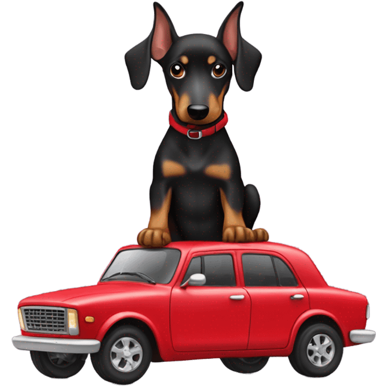 Miniature Doberman on red car emoji