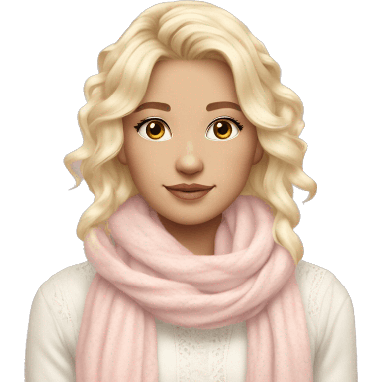 pretty blonde white woman with vanilla girl vibes, wearing a white lace shirt with a soft pastel pink winter scarf and her hair is decorated with soft pastel sweet vibes ribbon emoji