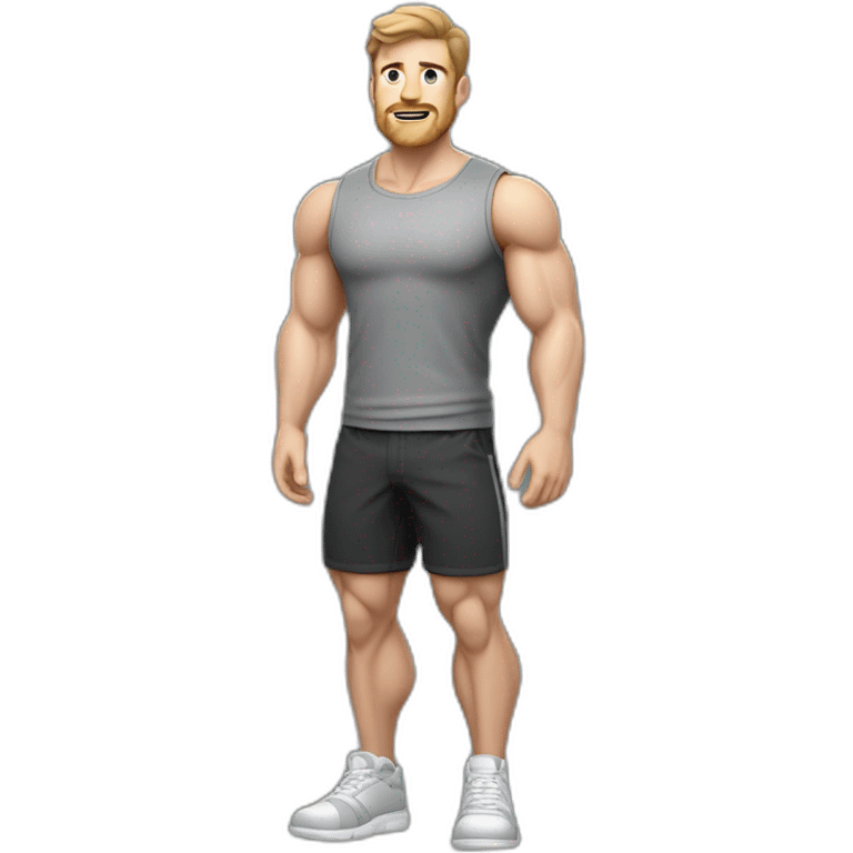 Full height Pale skinned fit man With biceps, Realistic eyes and mouth, light brown hair and stubble In dark gray sleeveless mike, black oversize sports shorts, watch and white sneakers. emoji