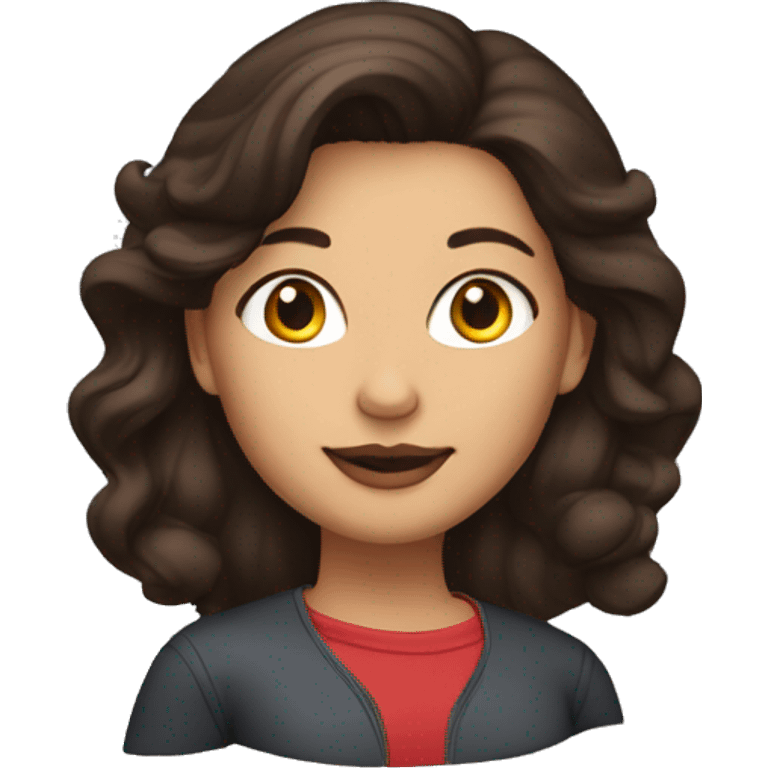 woman with a red long sleeve tshit, dark brown hair and dark brown eyes, has golden earrings and has two airplanes as eyes emoji