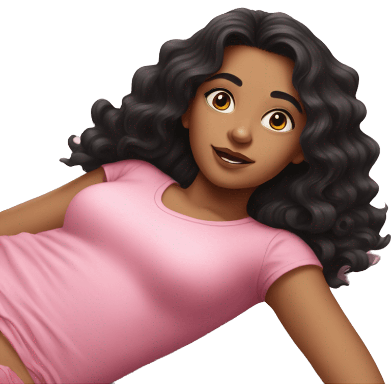 realistic portrait of girl with wavy black hair wearing a pink top lying down emoji