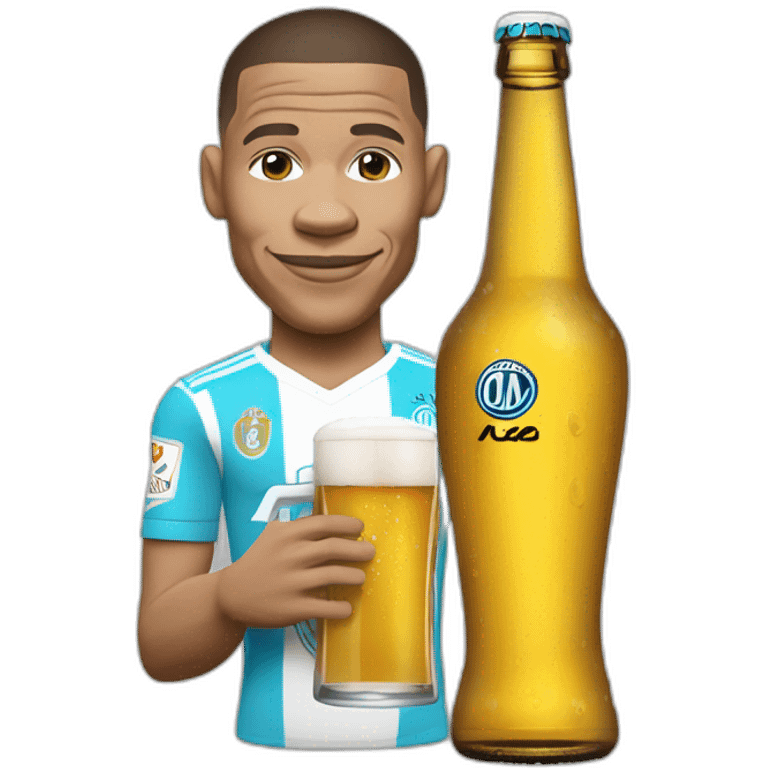 Kylian Mbappé avec un maillot de l'OM qui boit une bière emoji