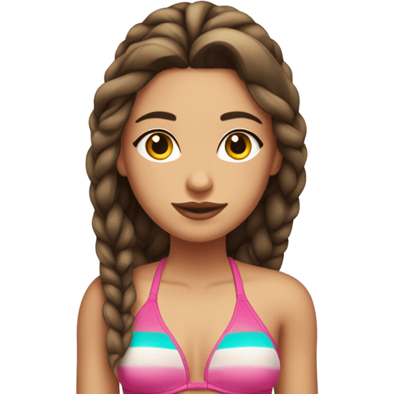 Brunette long straight braided hair girl, with tan skin - sunkissed cheeks, pink lips. she's wearing a summer bikinis emoji