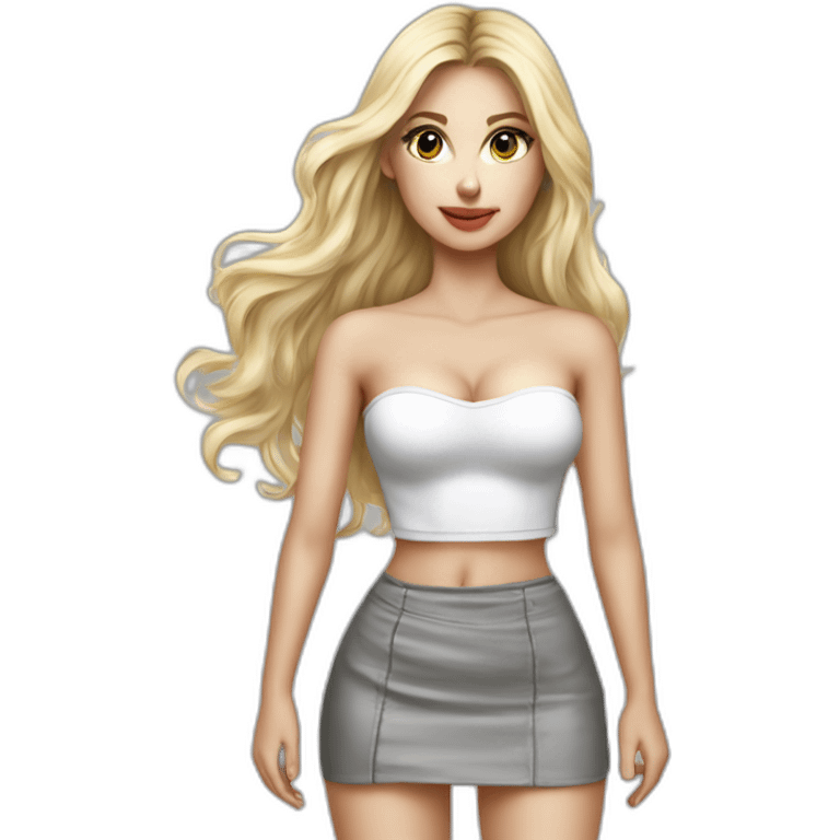 caucasian straight long haired blonde, white bustier, tight grey mini skirt, hyperrealist drawing emoji