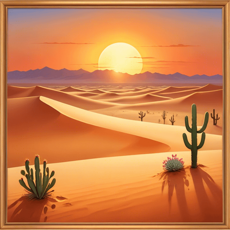 Cinematic Realistic Desert Emoji in a frame, Expansive and arid, with vast stretches of golden sand dunes and scattered cacti, the sun casting a warm, almost orange glow over the dry, cracked earth. The horizon blurs into a heat shimmer, while the occasional desert flower adds a splash of color to the barren landscape. Soft glowing outline, capturing the essence of the harsh yet stunning beauty of the desert, calm and quiet, filled with silence and mystery. emoji