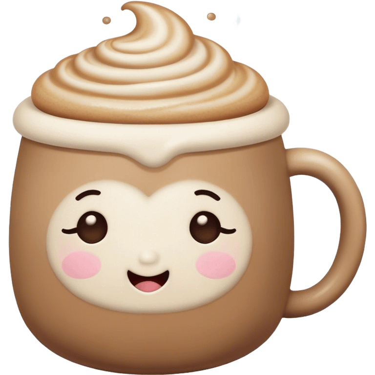 Cute Kawaii Coffee Cup, cozy and warm, a tiny swirl of steam shaped like a heart, round chubby face with a sleepy but content expression, soft pastel brown and cream colors, perfect morning vibes! emoji