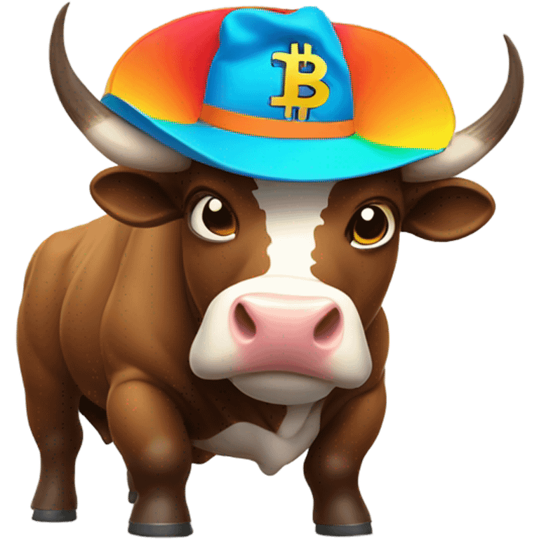 Bull ready to charge wearing bitcoin hat emoji