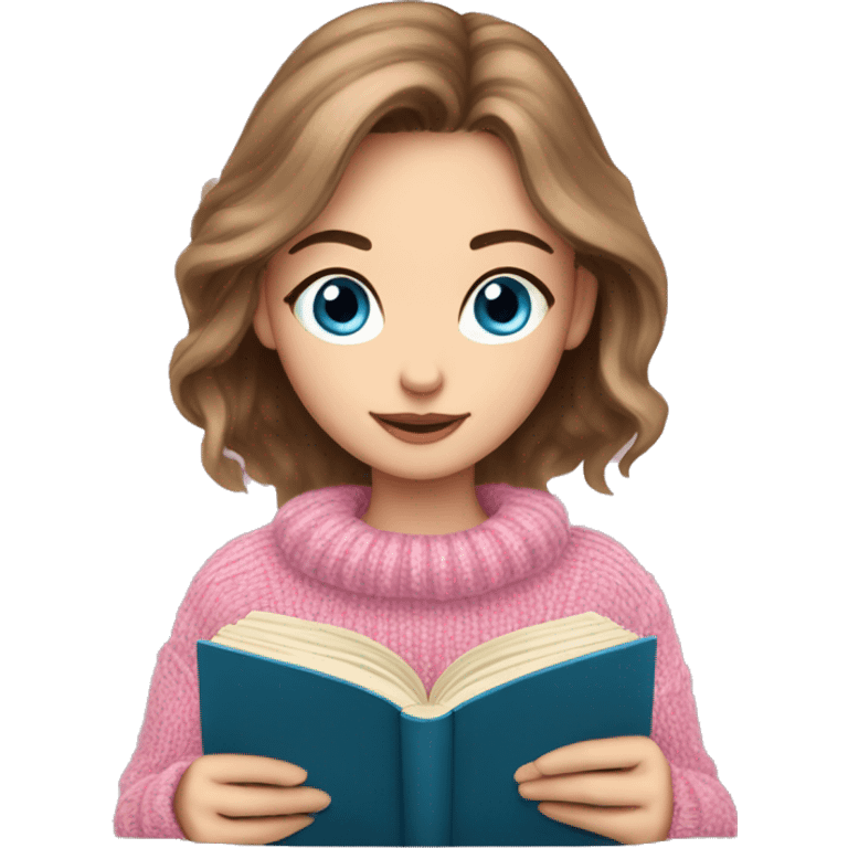 Pretty white girl with blue eyes and brown hair in pink cozy sweater reading book emoji