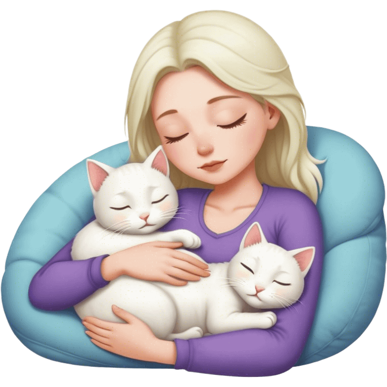 White kitty sleeping on blobde white girl's lap emoji