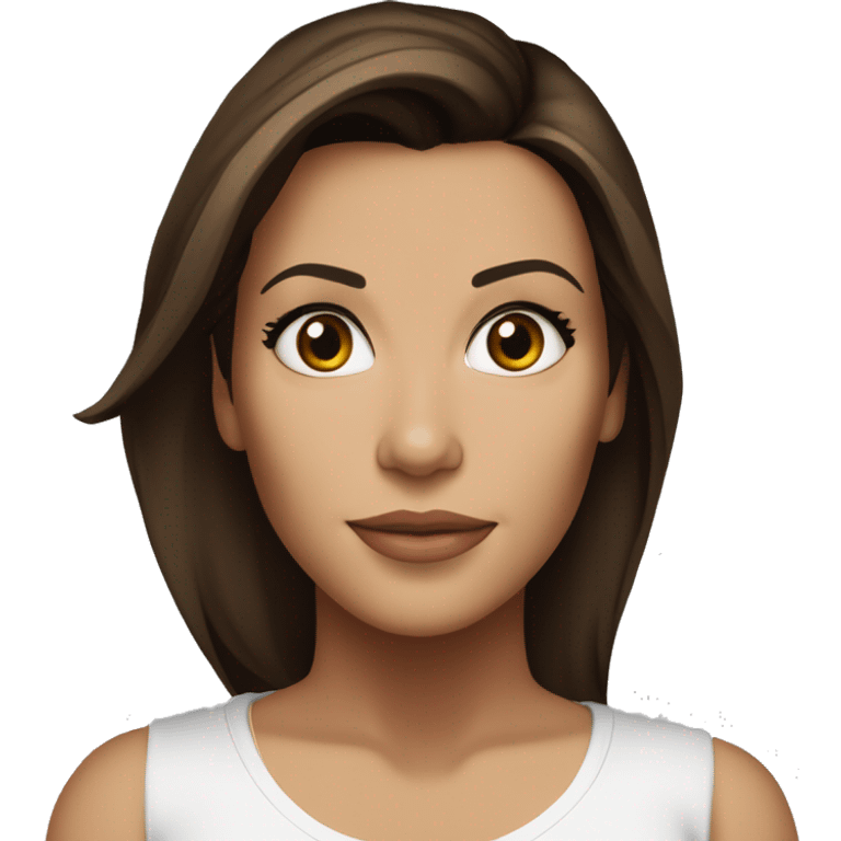 3/4 face, contrasted, shadow, light, Eva Longoria expression, standing from a distance, thin nose, brunette woman, hazel eyes, long eyelashes, dark shoulder shaded hair, white t-shirt, jeans, white sneakers emoji