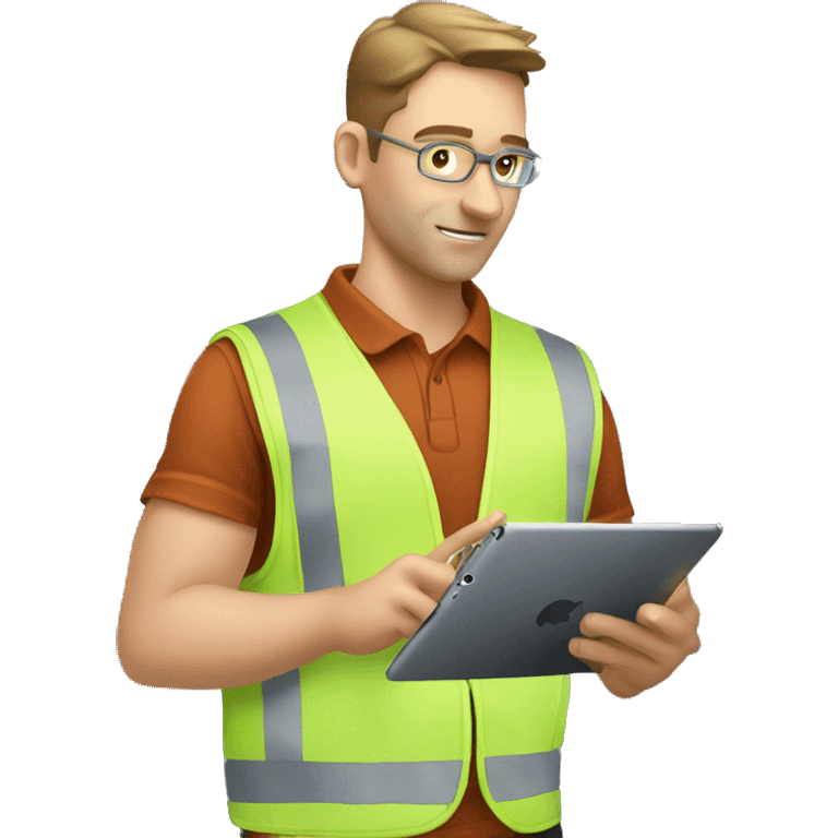 white skin male coordinator with vest on ipad on hand checking an aircraft motor emoji