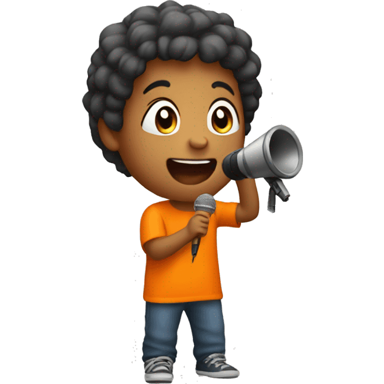 child in orange clothes singing in mocrophone emoji