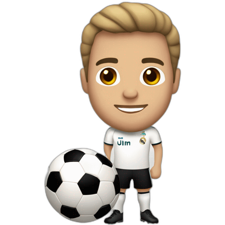 Hombre sin cabello con perilla jugando fútbol con el real madrid emoji