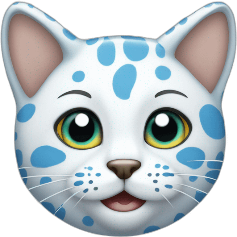 cartoon white spotted cat, the spots are blue, the one spot is on a head on his left side, the second spot is on an ear emoji