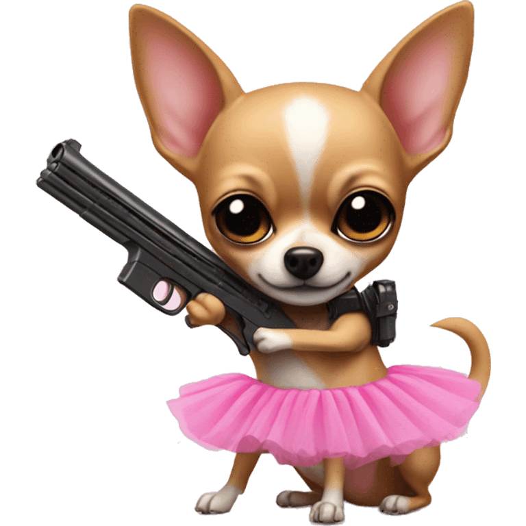 Chihuahua in a pink tutu carrying a gun emoji