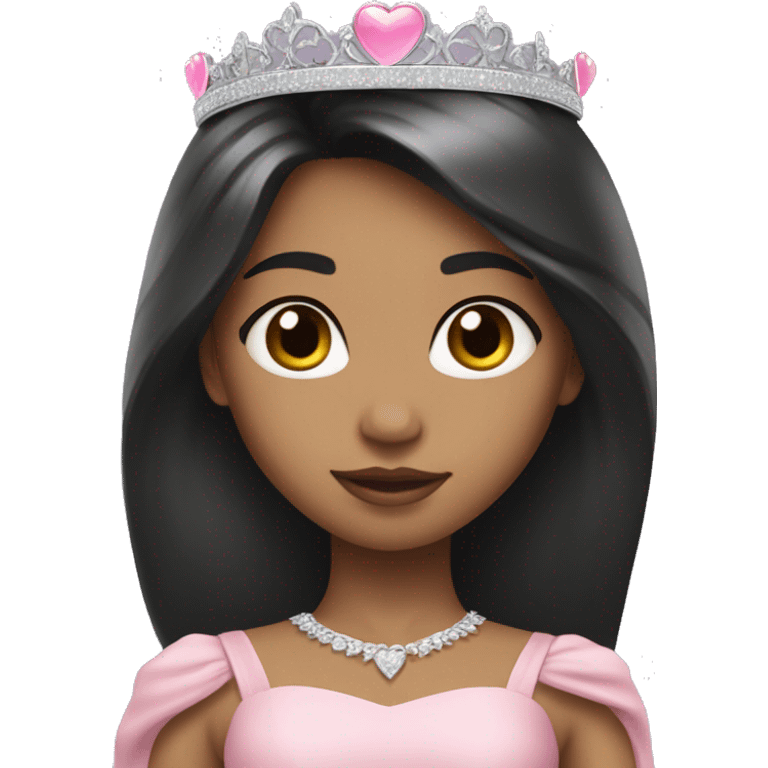 Princess with halo with medium skin tone with long black hair with bang with silver pink heart tiara and pink dress emoji