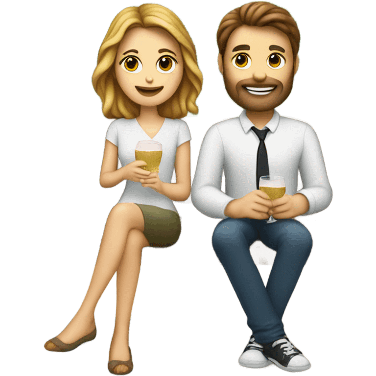 couple with white skin people and brown hair, sitting closely on a park bench, enjoying a romantic moment. One person is holding a croissant, and the other is holding a glass of Prosecco.  emoji