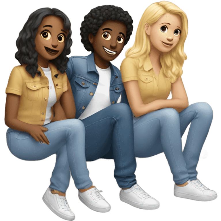 3 white friends on the stairs in all denim outfits  emoji