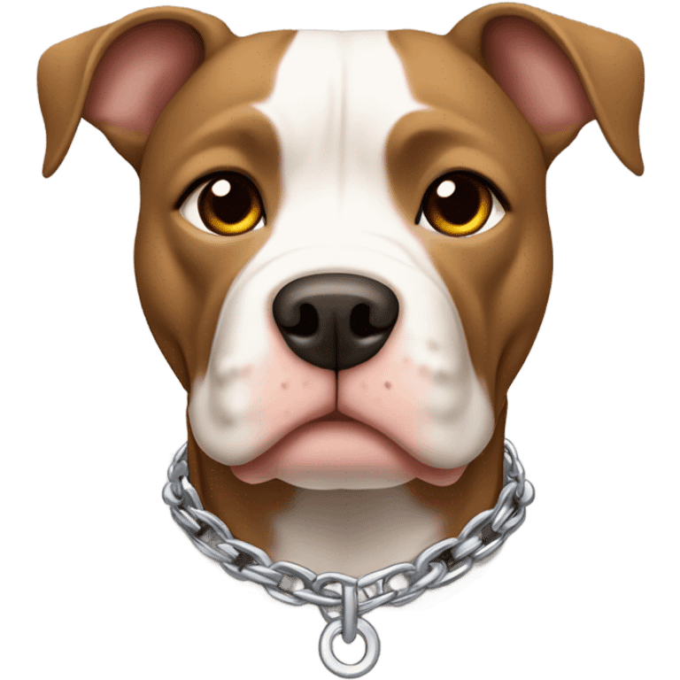 American pitbull terrier with a brown and tan striped coat and white down middle of his face and chest. He has a silver chain link collar emoji