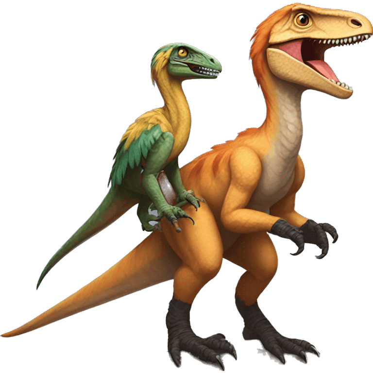 A feathered Utahraptor riding another feathered Utahraptor emoji