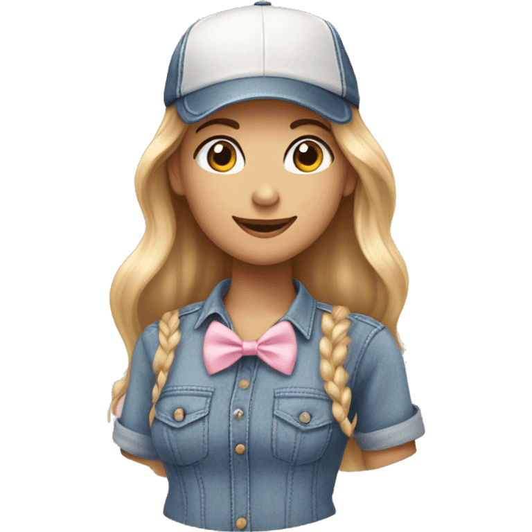 A white beautiful girl wearing denim baseball cap and a soft pink bow tie emoji