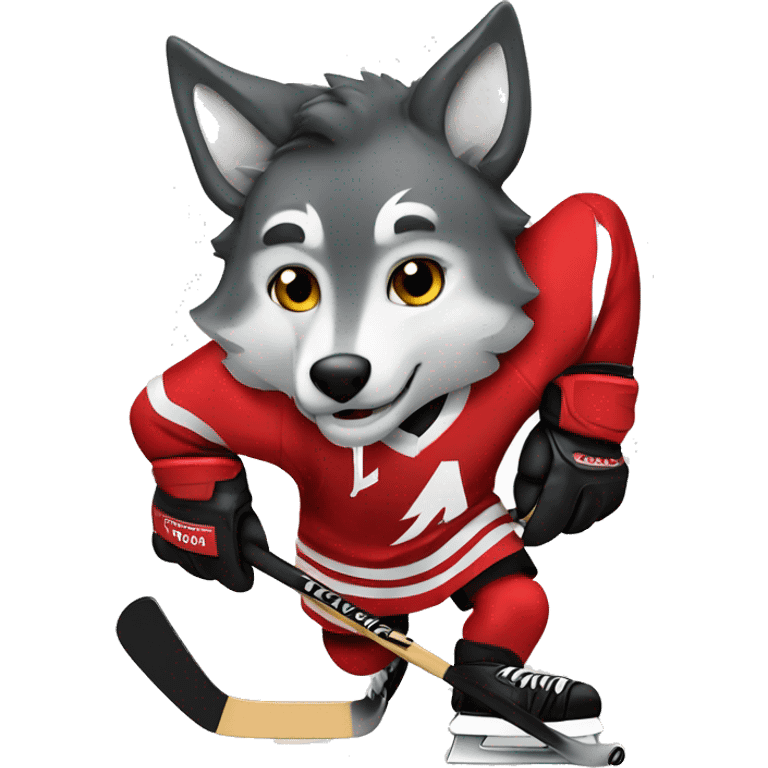 A wolf in a red black and white hockey uniform with a wolf emblem is playing hockey emoji