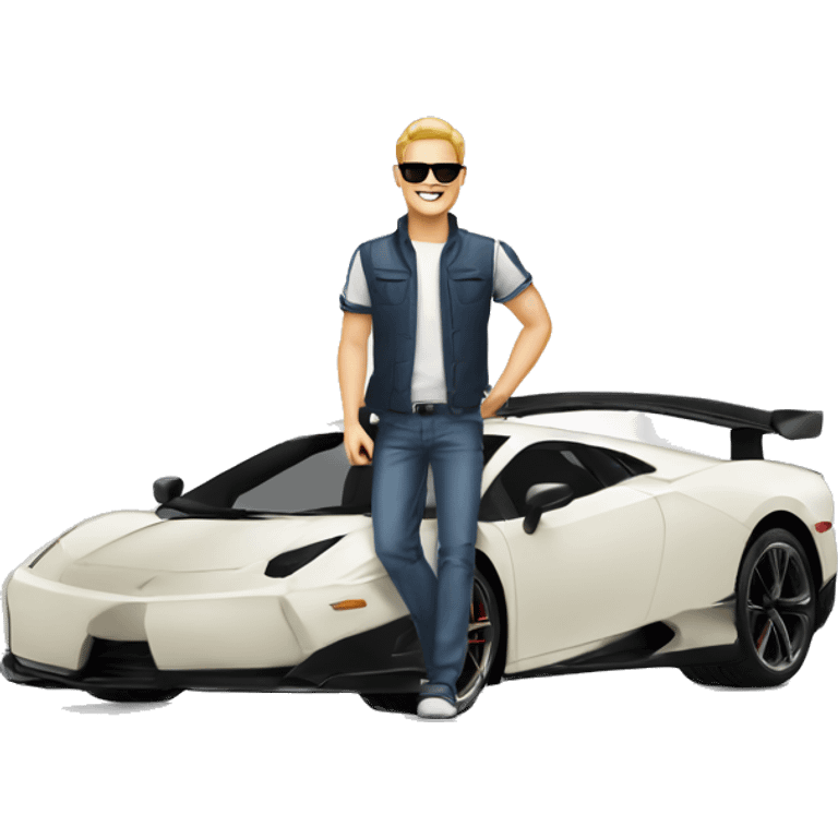 man with sunglasses and mortaboard stepping out of Supercar pointing towards us with smile emoji