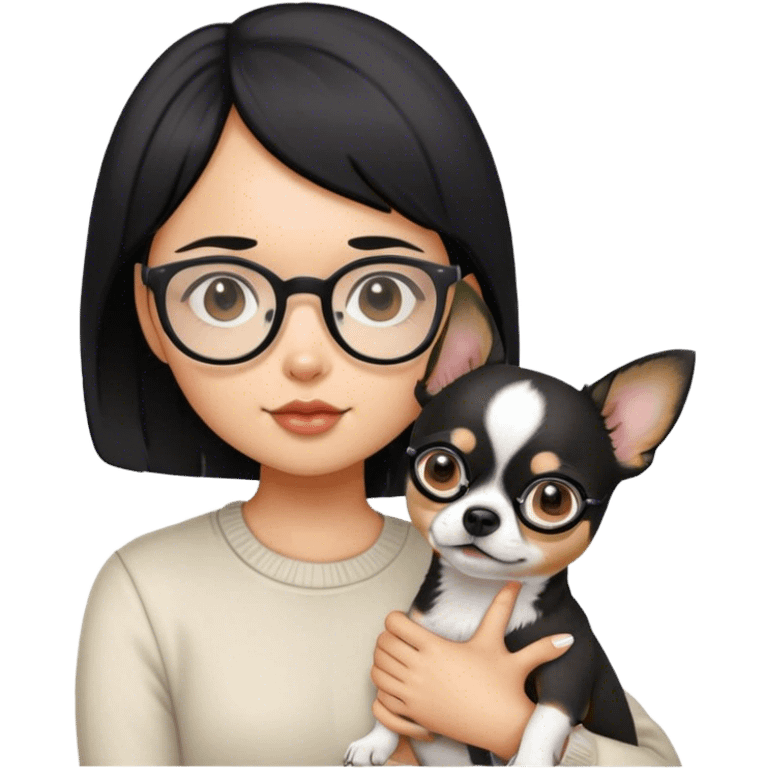 girl whit short black hair wear glasses and hold a chihwahwa dog emoji