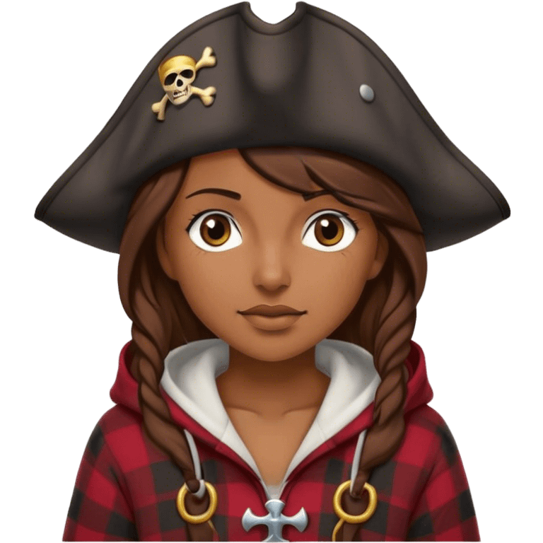 A woman that has brown hair and it wearing a pirate hat. She has a plaid hoodie on emoji